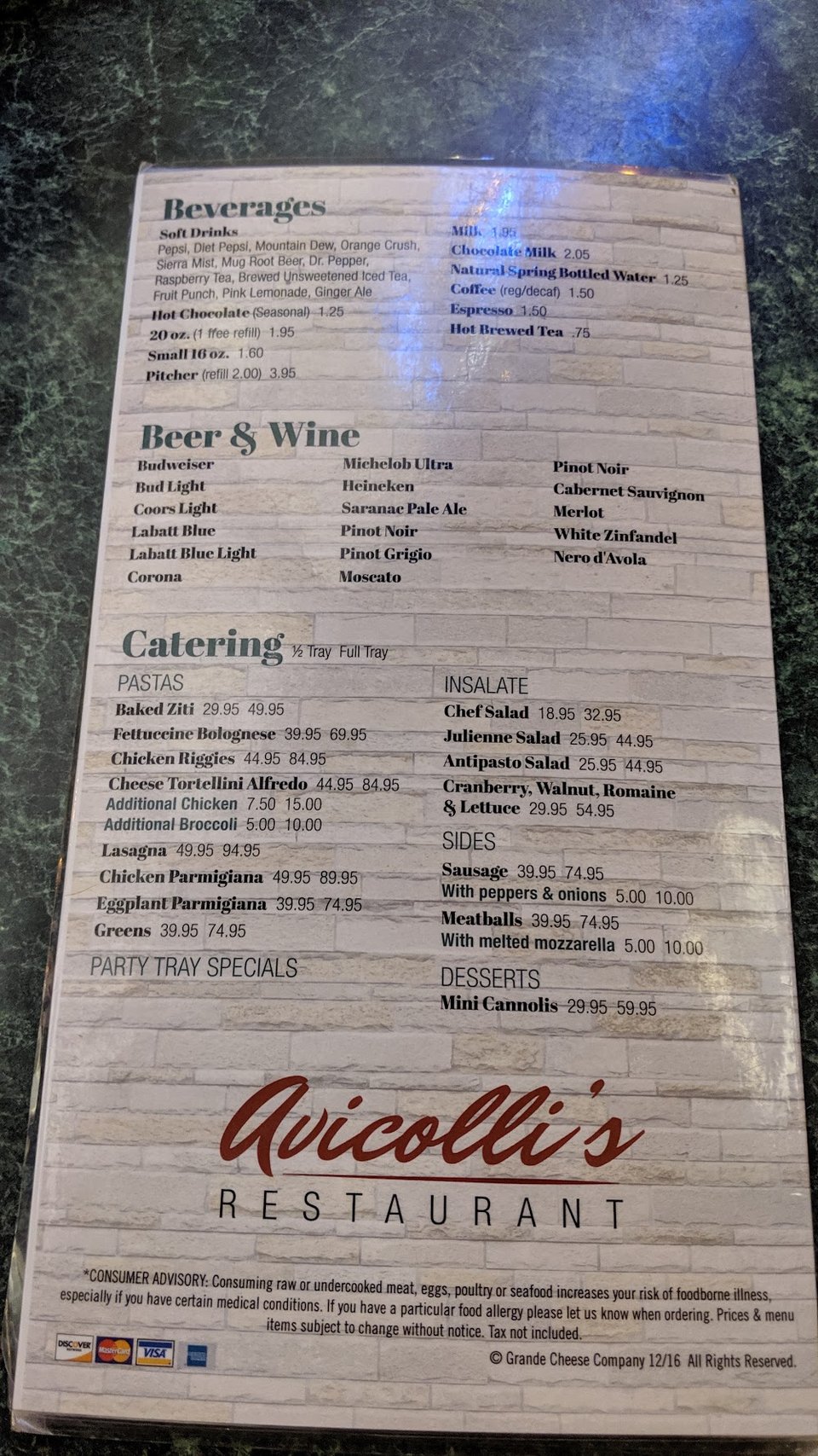 Restaurant menu page with classic Italian dishes.