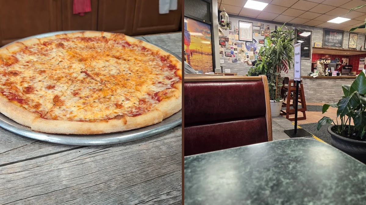 Warm dining room with pizza restaurant feel.