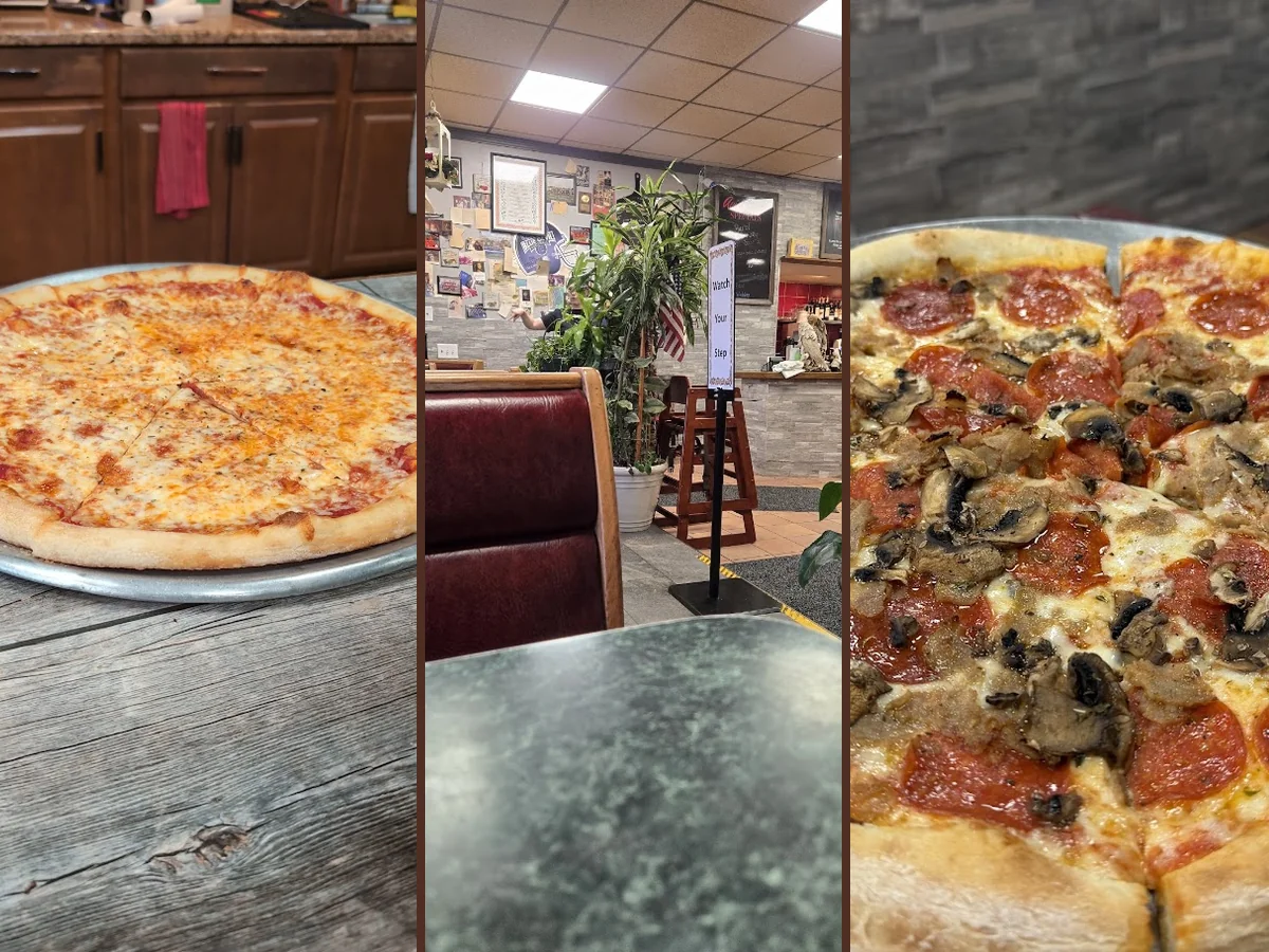 Pizza and Italian dishes on display.